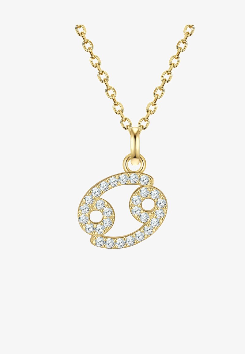 Zelta ķēdes kaklarota ar Vēža zodiaka simbola piekariņu, rotātu ar caurspīdīgiem kristāliem gar tās viļņveida dizainu.