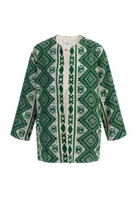 Zöld és fehér mintázatú, oversized dzseki gyémántmotívumokkal, kerek nyakkivágással és nyitott elülső résszel, texturált anyagból készült.