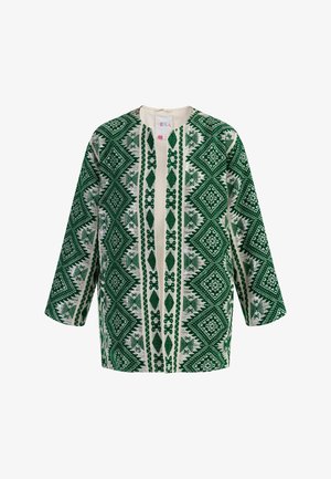Zielono-biała, wzorzysta, oversize'owa kurtka z diamentowymi motywami, z okrągłym dekoltem i otwartym przodem, wykonana z teksturowanej tkaniny.