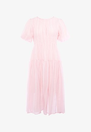 Hellrosa Midi-Kleid mit kurzen Puffärmeln, rundem Ausschnitt, geraffter Taille und dezentem vertikalem Punktemuster.