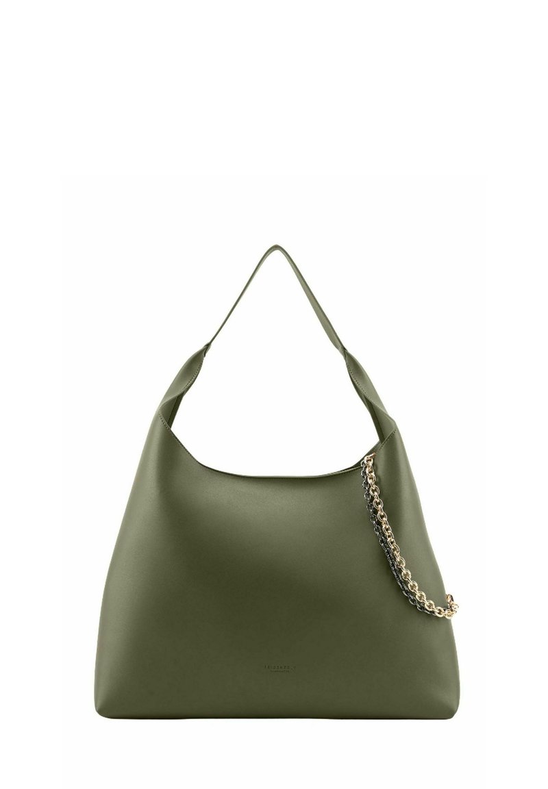 Olive green hobo bag made of smooth material, featuring a single strap with a metallic chain accent on one side. Subtle logo embossed.