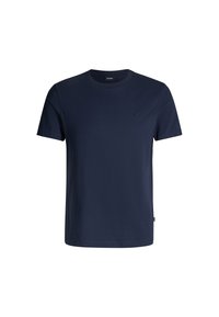 Navyblauwe T-shirt met korte mouwen, gemaakt van katoen. Voorzien van een ronde hals en een klein geborduurd logo op de borst. Gladde textuur.