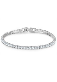 Bracciale d'argento con una fila di gemme trasparenti a forma quadrata, con chiusura a gancio e anelli quadrati in tutta la progettazione.