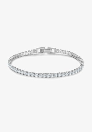 Strieborný náramok s radom čírych, štvorcovo brúsených drahokamov, s uzáverom a štvorcovými článkami v celej konštrukcii.