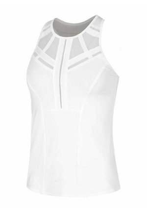 Top blanco sin mangas con cuello alto y paneles de malla geométrica translúcida en el pecho y los hombros.