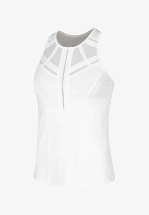 Mouwloze witte top met hoge hals en doorschijnende geometrische gaaspanelen over de borst en schouders.