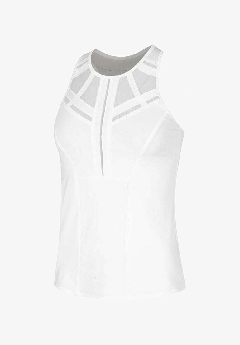 Top bianco senza maniche con collo alto e pannelli in mesh geometrico trasparente sul petto e sulle spalle.