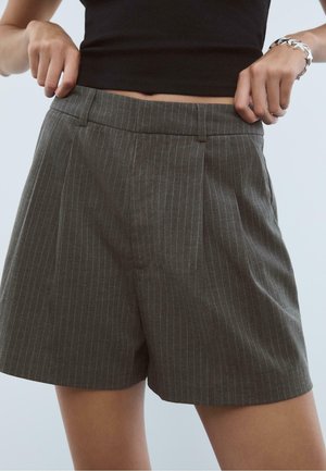 Pantaloni corti grigi a righe sottili realizzati in tessuto leggero, con vita sagomata, pince e vestibilità ampia. Caratterizzati da una texture morbida.