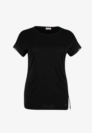 T-shirt noir à manches courtes en tissu doux avec un col rond et un accent de fente sur le côté, présentant un détail de logo subtil au niveau de l'ourlet.