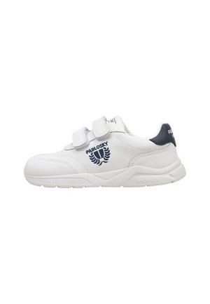 Zapatilla deportiva blanca para niños con dos tiras de velcro, talón azul marino y logo azul marino con laurel en el lateral.