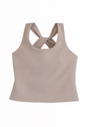 Mouwloze taupekleurige cropped top met brede bandjes die elkaar aan de achterkant kruisen, gemaakt van een gladde, aansluitende stof en een rechte zoom.
