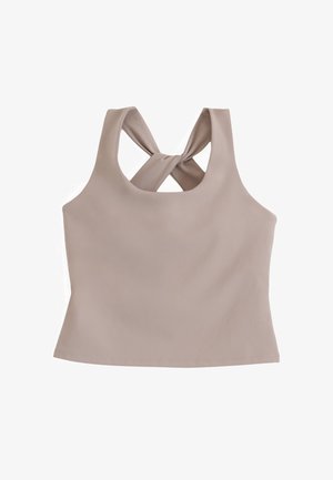 Mouwloze taupekleurige cropped top met brede bandjes die elkaar aan de achterkant kruisen, gemaakt van een gladde, aansluitende stof en een rechte zoom.