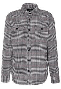 Svart och vit rutigt knapp-up skjorta med långa ärmar, två bröstfickor med knappar och en krage.