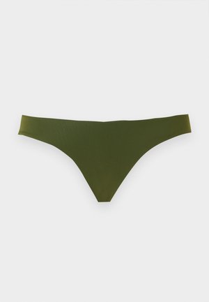 Olivovozelené bezšvové tanga s hladkým, minimalistickým dizajnom na jednoduchom svetlom pozadí.