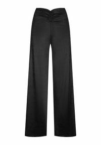 Zwarte wijde broek met een gerimpelde taille, gemaakt van een gladde stof, met een strak silhouet en een full-length ontwerp.