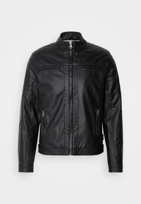 Jachetă din piele neagră cu închidere cu fermoar, guler înalt, accente texturate și două buzunare laterale. Prezintă cusături orizontale pe umeri.