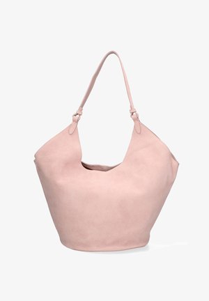 Sac fourre-tout en suède rose avec une large ouverture, des côtés angulaires et une bandoulière réglable. Texture lisse et design minimaliste.