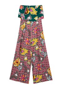 Pantaloni a gamba larga con bretelle verdi e stampate a fiori. Il motivo colorato include disegni floreali nei colori rosa, giallo e blu su uno sfondo texturizzato.