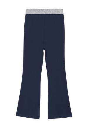 Marineblaue Flared-Hosen mit einem dehnbaren, silberfarbenen Bund. Hergestellt aus weichem, glattem Stoff, mit einem schlichten Design ohne Muster.