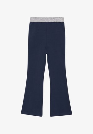 Pantalones de campana de color navy con una cinturilla elástica acentuada en plata. Fabricados con un tejido suave y liso, presentan un diseño simple sin patrones.