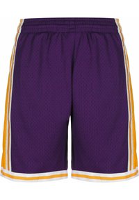 Paarse mesh shorts met witte en oranje zijstrepen, elastische tailleband en sportieve snit. Textured oppervlakte voor ademend vermogen.