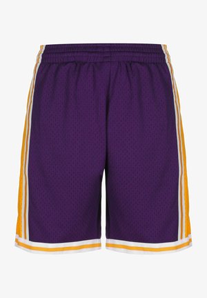 Fialové síťované šortky s bílými a oranžovými postranními pruhy, elastickým pasem a sportovním střihem. Texturovaný povrch pro prodyšnost.