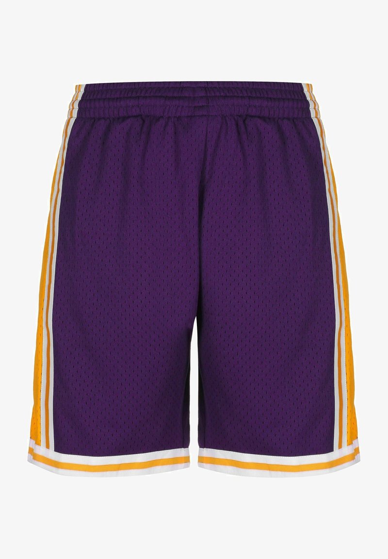 Paarse mesh shorts met witte en oranje zijstrepen, elastische tailleband en sportieve snit. Textured oppervlakte voor ademend vermogen.