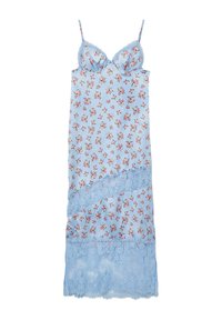 Nuisette bleue à motifs floraux avec des bordures en dentelle délicate, dotée de bretelles spaghetti réglables et d'une texture douce, semblable à du satin. Motif floral sur l'ensemble.