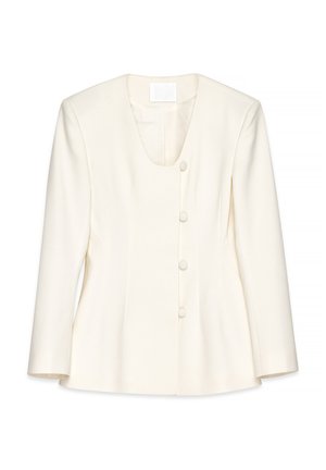 White tailored blazer made of smooth fabric, featuring a deep scoop neckline and five round buttons down the front with subtle pleat details.