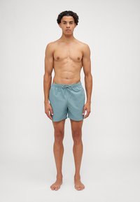 Herre svømmetekstiler i myk teal-stoff, midt på låret lengde, med elastisk midje og snøring, og ingen synlige mønstre eller hardware.