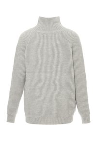 Pulover turtleneck de culoare gri deschis, cu model cu nervuri, cu mâneci lungi și o croială confortabilă, având un model tricotat texturat și o ușoară elasticitate.