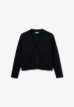 Zwarte gebreide cardigan met een V-hals, sluiting met vijf knopen, twee voorzakken en geribbelde manchetten. Glad textuur en cropped ontwerp.
