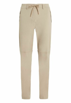 Beige, lichtgewicht broeken met een trekkoord in de taille, steekzakken en een zachte textuur. Voorzien van een taps toelopend ontwerp.