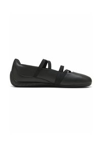 Svarte læder ballet flats med to krydsede elastiske stropper. Rund tå og tekstureret gummisål. Glat finish, strømlinet design.