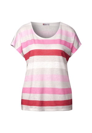 Camiseta de rayas con cuello redondo. Fabricada en un tejido ligero, cuenta con rayas horizontales alternando entre rosa, rojo y blanco.