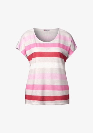 T-shirt a righe con scollatura tonda. Realizzato in un tessuto leggero, presenta strisce orizzontali alternate di rosa, rosso e bianco.