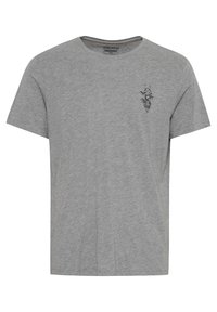 Grå bomulds T-shirt med korte ærmer, rund hals og et lille sort grafisk design på venstre bryst. Blød tekstur, afslappet pasform.
