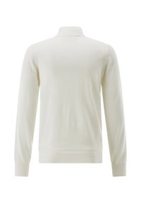 Weißer, langärmeliger Rollkragenpullover, von hinten gezeigt, mit gerippten Bündchen und Saum, auf einem einfarbigen weißen Hintergrund.