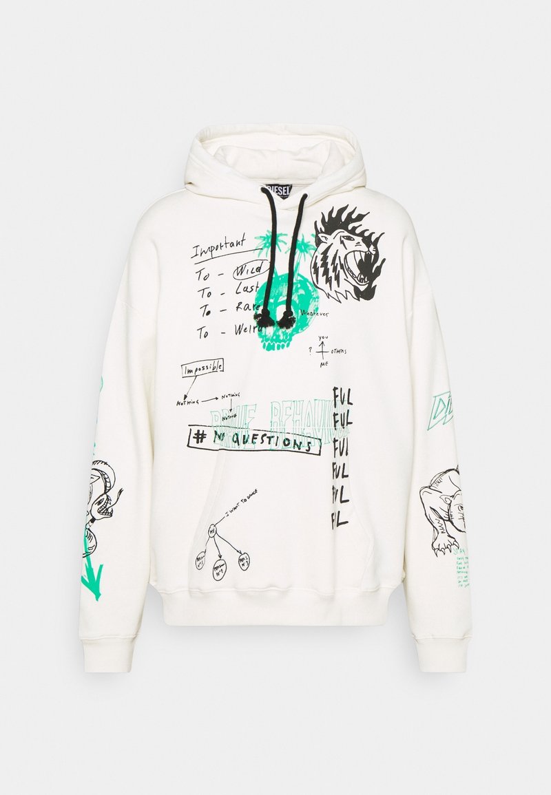 Felpa bianca con grafiche nere e verdi, incluse scritte e illustrazioni. Ha un cappuccio con cordini e una vestibilità comoda.