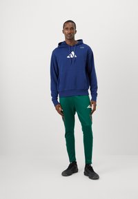 Férfi kék Adidas kapucnis pulóverben, zöld Adidas sportnadrágban mintákkal és fekete sportcipőben áll egy sima világos háttér előtt.