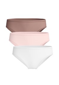Drei Paare Damenunterhosen in Braun, Hellrosa und Weiß. Hergestellt aus glattem Stoff mit kontrastierenden Besätzen entlang der Taille und der Beinöffnungen.