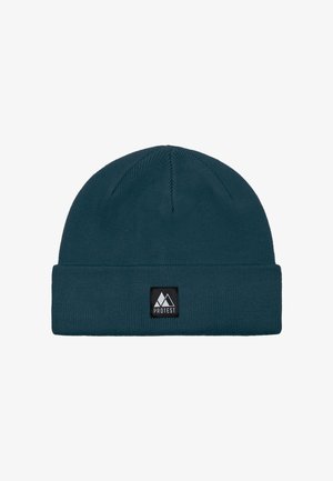 Svetlozelená pletená čiapka s prehnutým manžetovým okrajom, so čiernou obdĺžnikovou nášivkou s dizajnom hory. Mäkká textúra, jednoduchý dizajn.