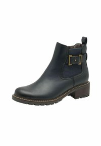 Black leather ankle boot with elastic side panels, gold-tone buckle accent, textured surface, and a sturdy block heel.