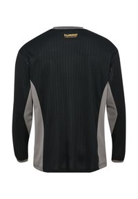 Zwarte sporthemd met lange mouwen, verticale ribbelstructuur, grijze zijpanelen en een gouden merklogo op de achterste kraag.