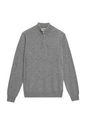 Pull en gris en matériau doux, avec un col montant et une fermeture éclair quart de longueur, à manches longues et à coupe décontractée.