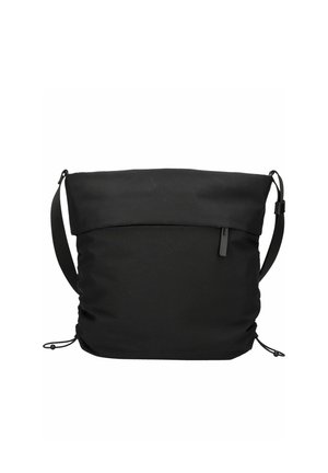 Black fold-over shoulder bag with adjustable strap, front zip pocket, and side drawstrings on a plain white background.