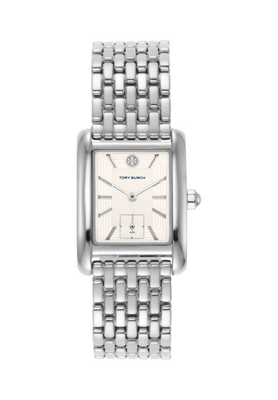 Silberfarbene rechteckige Tory Burch Armbanduhr mit Gliederarmband, weißem Zifferblatt, silbernen Stundenmarkierungen und kleiner Sekundenziffer auf der 6-Uhr-Position.