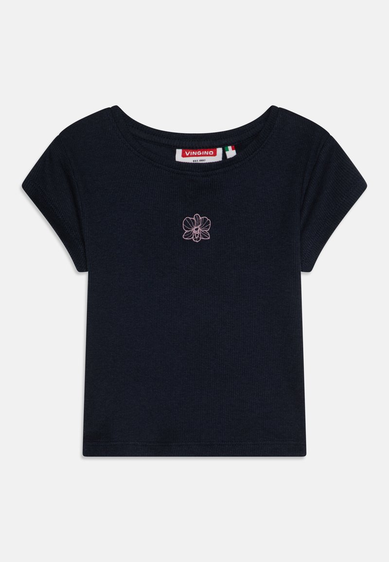 Mornarska rebrasta majica s kratkimi rokavi, s poudarjenim rožnatim vezenim cvetličnim motivom spredaj in okroglim ovratnikom. Vključena oznaka Vingino.