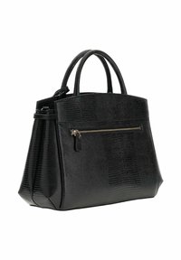 Sac à main noir texturé avec deux poignées supérieures, une poche avant zippée et une forme structurée. Fabriqué en matériau synthétique avec un motif subtil.