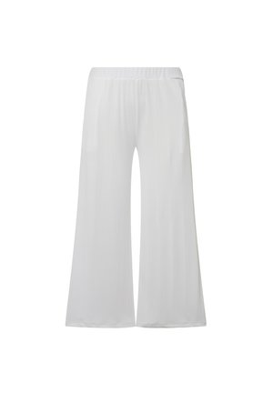 Pantalones anchos, ligeros y blancos, con cintura elástica y una textura suave y lisa. Presentan un diseño fluido para mayor comodidad.